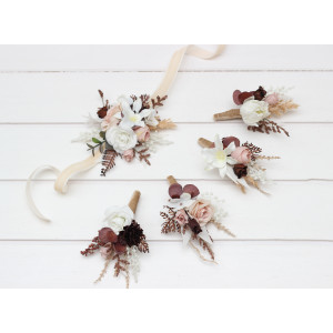  Wedding boutonnieres and wrist corsage  in beige white brown color theme. Flower accessories. 0026