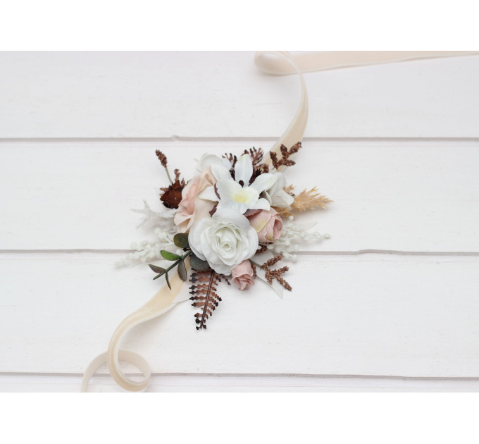 Beige, White & Brown Wedding Boutonnieres and Wrist Corsages – Neutral Faux Flower Accessories