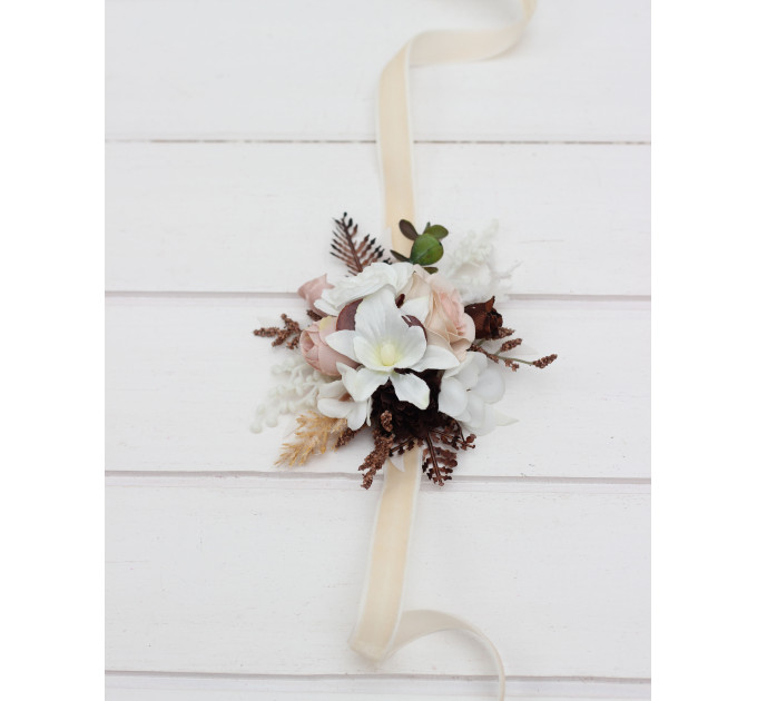 Beige, White & Brown Wedding Boutonnieres and Wrist Corsages – Neutral Faux Flower Accessories