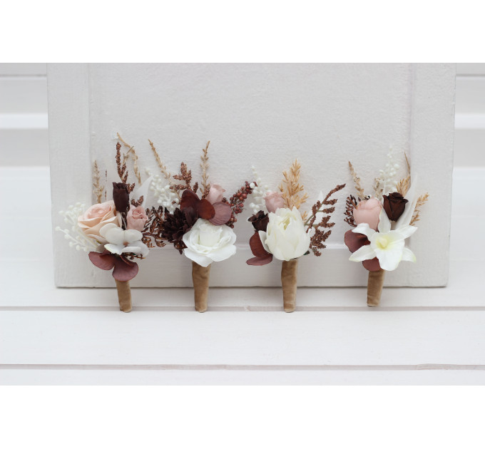 Beige, White & Brown Wedding Boutonnieres and Wrist Corsages – Neutral Faux Flower Accessories