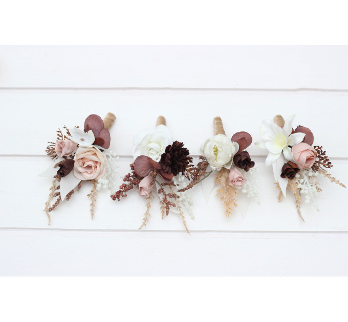 Beige, White & Brown Wedding Boutonnieres and Wrist Corsages – Neutral Faux Flower Accessories