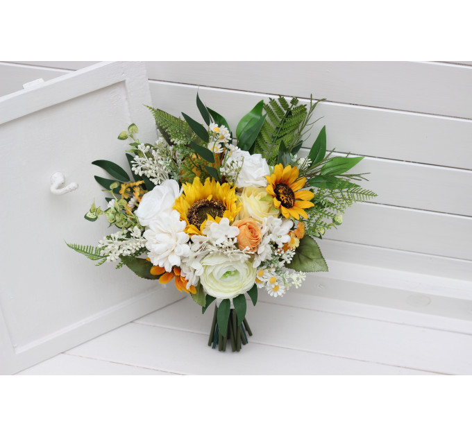 Sunflower Bridal & Bridesmaid Bouquets – White & Yellow Faux Blooms for Rustic Weddings