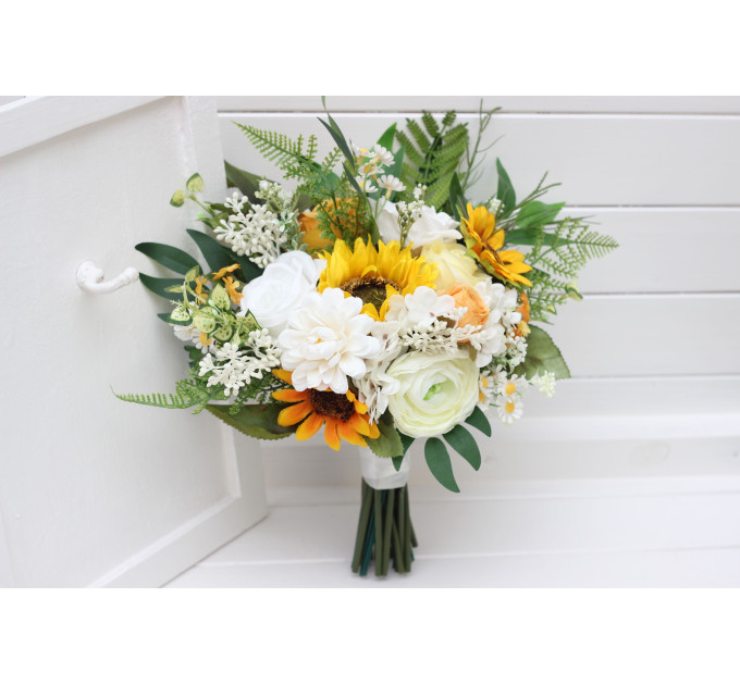 Sunflower Bridal & Bridesmaid Bouquets – White & Yellow Faux Blooms for Rustic Weddings