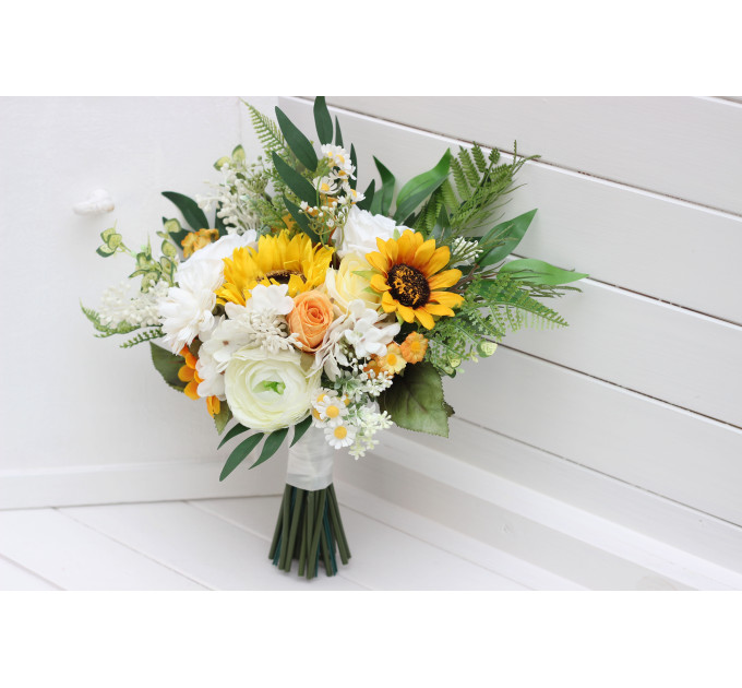 Sunflower Bridal & Bridesmaid Bouquets – White & Yellow Faux Blooms for Rustic Weddings