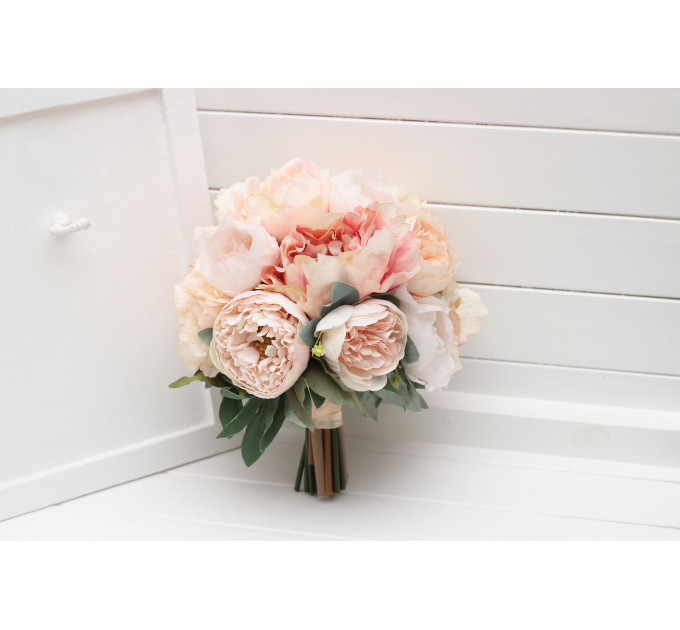 Classic Round Bridal Bouquet in Peach & Blush Pink – Elegant Faux Wedding Blooms