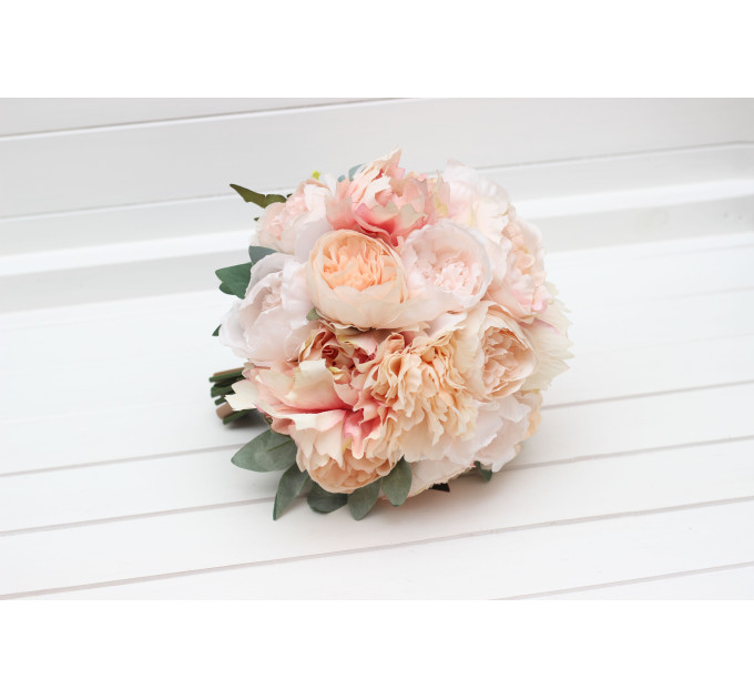 Classic Round Bridal Bouquet in Peach & Blush Pink – Elegant Faux Wedding Blooms
