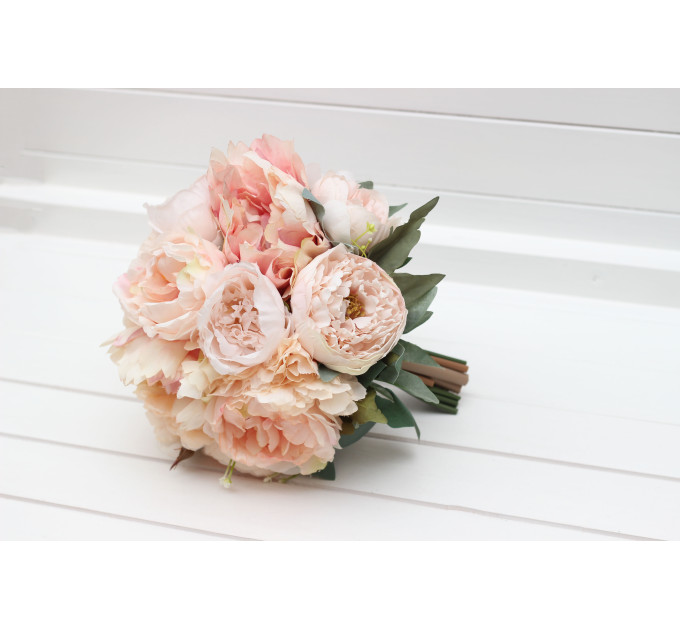 Classic Round Bridal Bouquet in Peach & Blush Pink – Elegant Faux Wedding Blooms