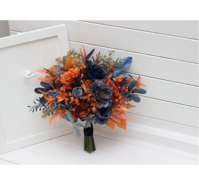 Wedding Bouquets in Navy Blue & Rust | Cascading Faux Bridal & Bridesmaid Bouquets