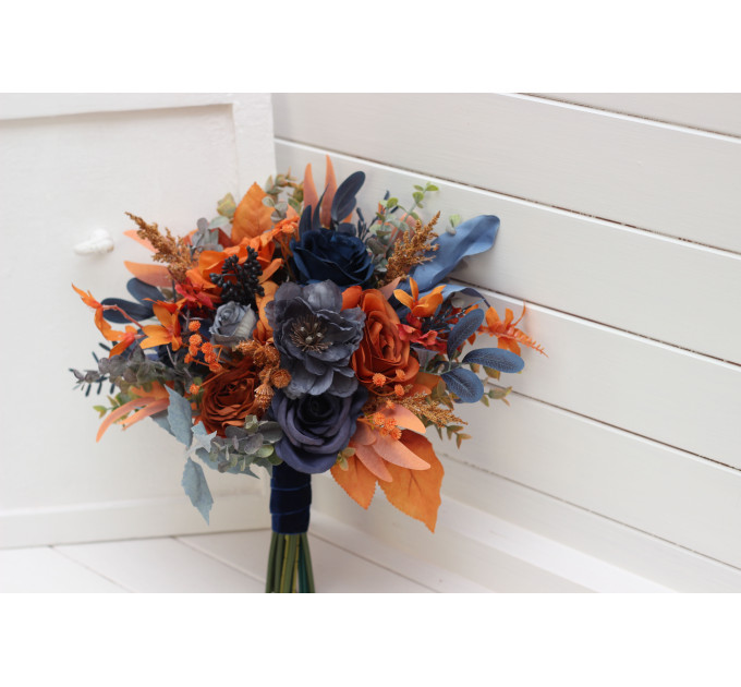 Wedding Bouquets in Navy Blue & Rust | Cascading Faux Bridal & Bridesmaid Bouquets