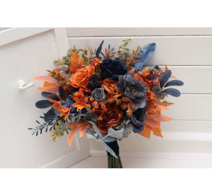 Wedding Bouquets in Navy Blue & Rust | Cascading Faux Bridal & Bridesmaid Bouquets