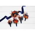 Navy Blue & Rust Wedding Boutonnieres and Wrist Corsages – Faux Floral Accessories with Warm Elegance