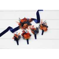  Wedding boutonnieres and wrist corsage  in navy blue rust  color scheme. Flower accessories. 5219