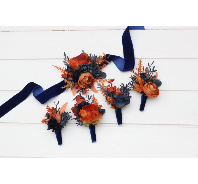 Navy Blue & Rust Wedding Boutonnieres and Wrist Corsages – Faux Floral Accessories with Warm Elegance