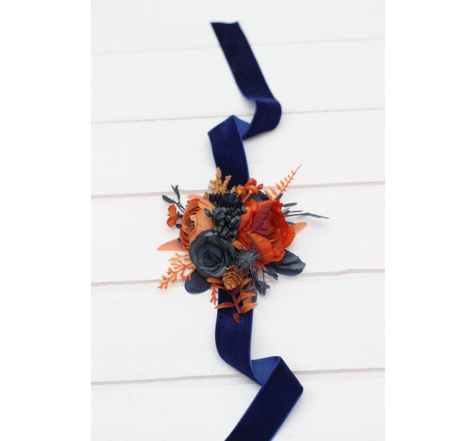 Navy Blue & Rust Wedding Boutonnieres and Wrist Corsages – Faux Floral Accessories with Warm Elegance