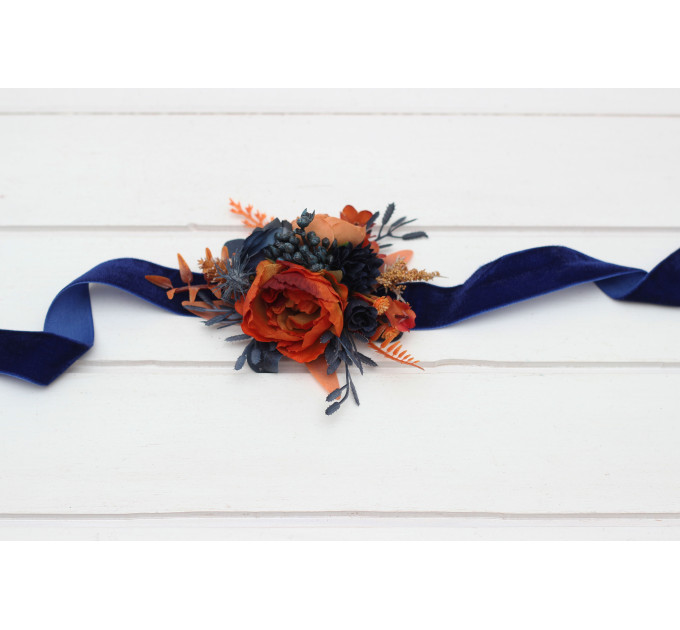Navy Blue & Rust Wedding Boutonnieres and Wrist Corsages – Faux Floral Accessories with Warm Elegance