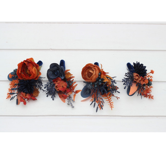 Navy Blue & Rust Wedding Boutonnieres and Wrist Corsages – Faux Floral Accessories with Warm Elegance