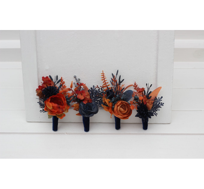 Navy Blue & Rust Wedding Boutonnieres and Wrist Corsages – Faux Floral Accessories with Warm Elegance
