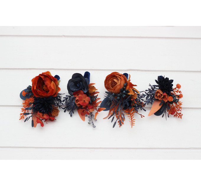 Navy Blue & Rust Wedding Boutonnieres and Wrist Corsages – Faux Floral Accessories with Warm Elegance