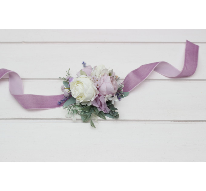 White, Lilac, Purple & Sage Green Wedding Boutonnieres and Wrist Corsages – Soft Faux Flower Accessories