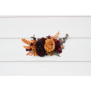 Flower comb in rust burgundy cinnamon orange color scheme. Wedding accessories for hair. Bridal flower comb. Bridesmaid floral comb. 0033