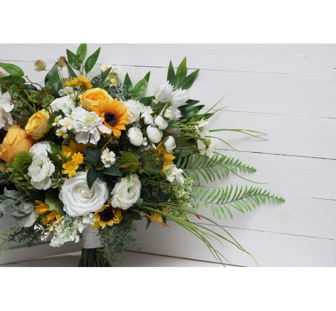 Sunflower Bridal & Bridesmaid Bouquets – White & Yellow Faux Blooms for Rustic Weddings