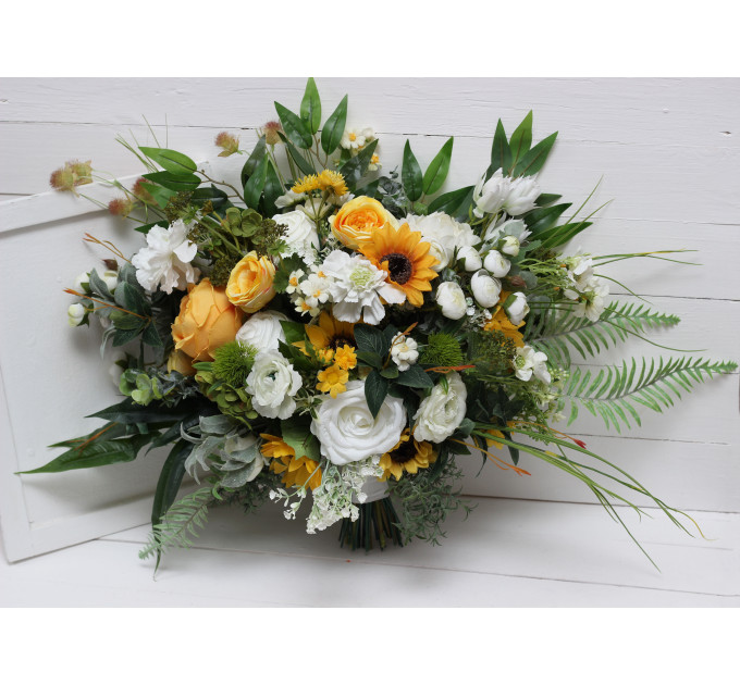 Sunflower Bridal & Bridesmaid Bouquets – White & Yellow Faux Blooms for Rustic Weddings