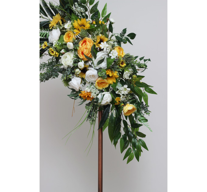 Sunflower Wedding Arch Arrangement – Faux White, Yellow & Green Floral Arbor Décor