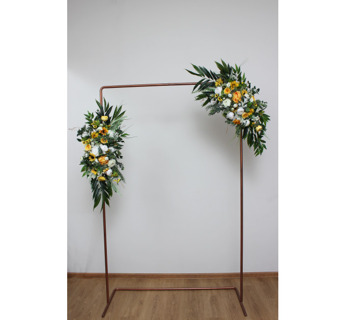 Sunflower Wedding Arch Arrangement – Faux White, Yellow & Green Floral Arbor Décor