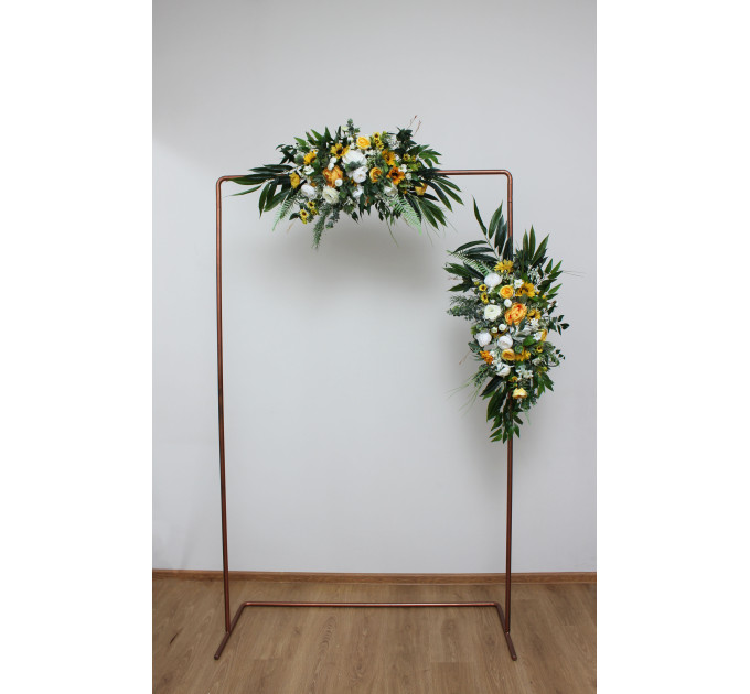 Sunflower Wedding Arch Arrangement – Faux White, Yellow & Green Floral Arbor Décor