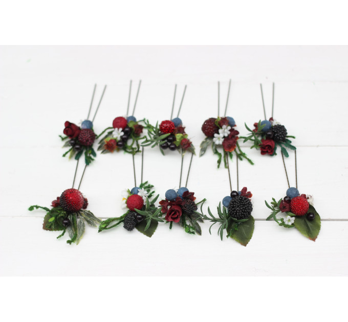 Set of 10 Hair Pins with Berries – Floral Hair Accessories for Forest or Summer Wedding