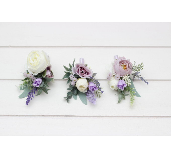 White, Lilac, Purple & Sage Green Wedding Boutonnieres and Wrist Corsages – Soft Faux Flower Accessories