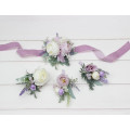 White, Lilac, Purple & Sage Green Wedding Boutonnieres and Wrist Corsages – Soft Faux Flower Accessories