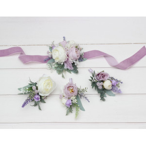  Wedding boutonnieres and wrist corsage  in white, lilac, purple, and sage green color scheme. Flower accessories. 5315