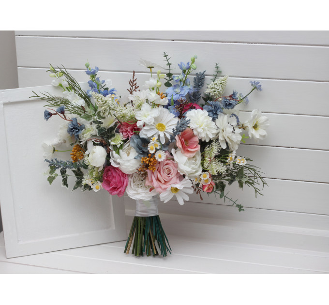Wildflower Bridal & Bridesmaid Bouquets – Faux Blooms in White, Dusty Blue & Pink