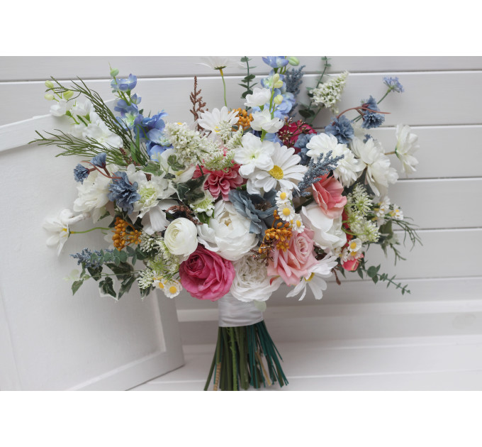 Wildflower Bridal & Bridesmaid Bouquets – Faux Blooms in White, Dusty Blue & Pink