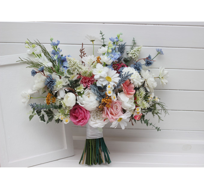 Wildflower Bridal & Bridesmaid Bouquets – Faux Blooms in White, Dusty Blue & Pink