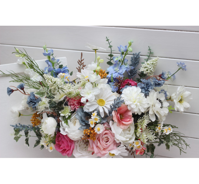 Wildflower Bridal & Bridesmaid Bouquets – Faux Blooms in White, Dusty Blue & Pink