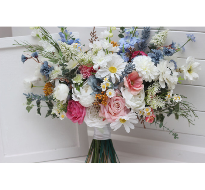 Wildflower Bridal & Bridesmaid Bouquets – Faux Blooms in White, Dusty Blue & Pink