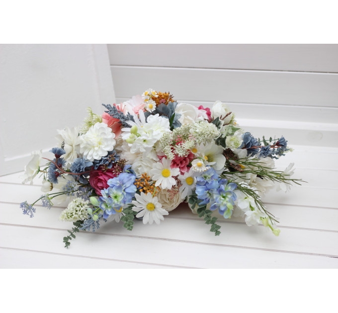 Wildflower Bridal & Bridesmaid Bouquets – Faux Blooms in White, Dusty Blue & Pink