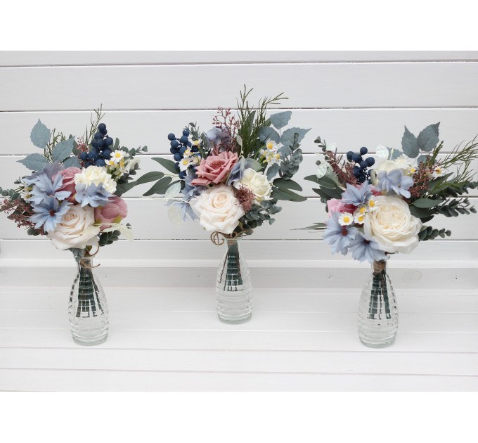 Dusty Mauve, Blue & Ivory Mini Bouquets – Faux Table Flowers for Wedding Centerpieces