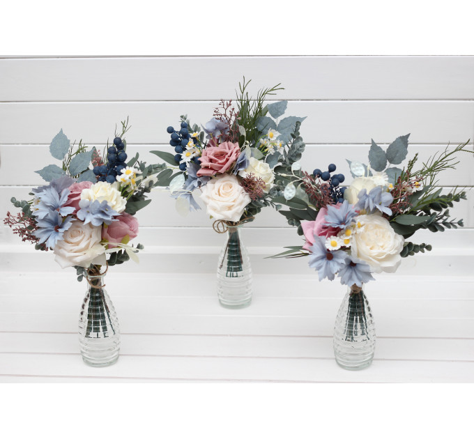 Dusty Mauve, Blue & Ivory Mini Bouquets – Faux Table Flowers for Wedding Centerpieces