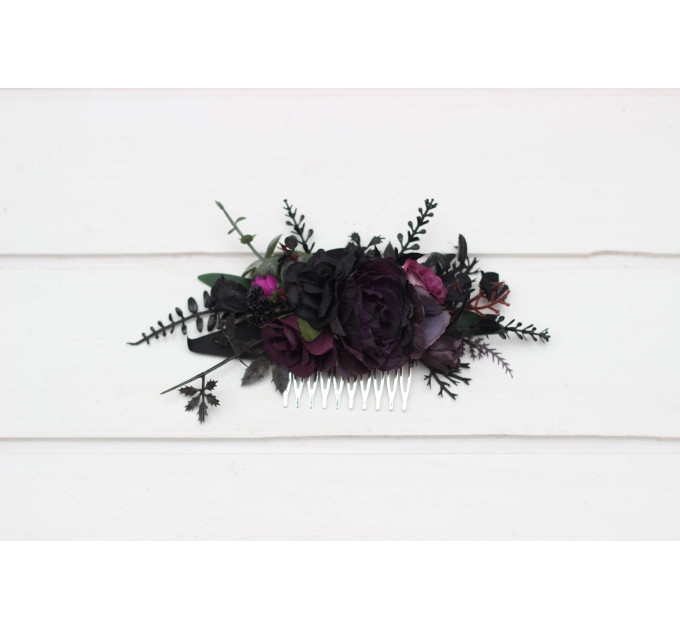 Black, Purple & Magenta Flower Comb – Gothic Faux Floral Hairpiece for Bride or Bridesmaid