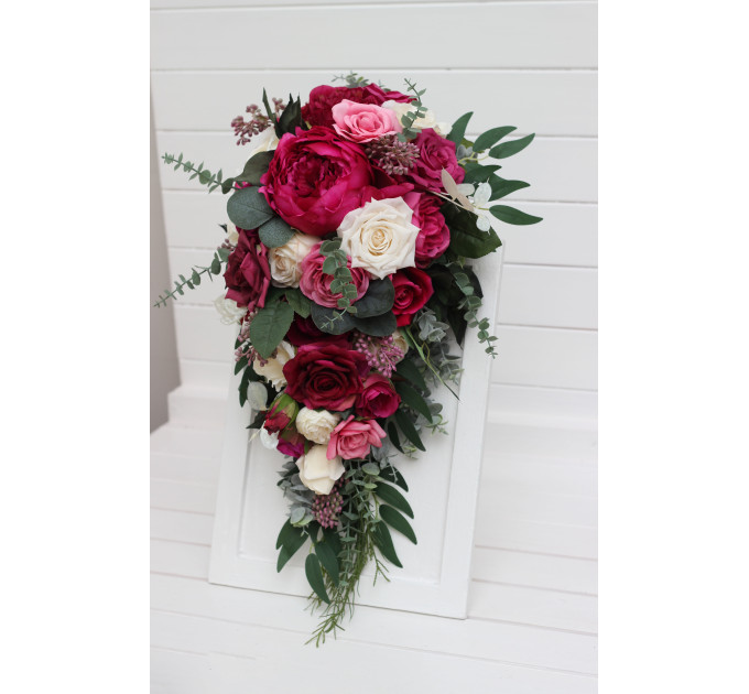 Cascading Bouquet in Berry Tones, Magenta & Ivory – Faux Wedding Flowers for Bride or Bridesmaids