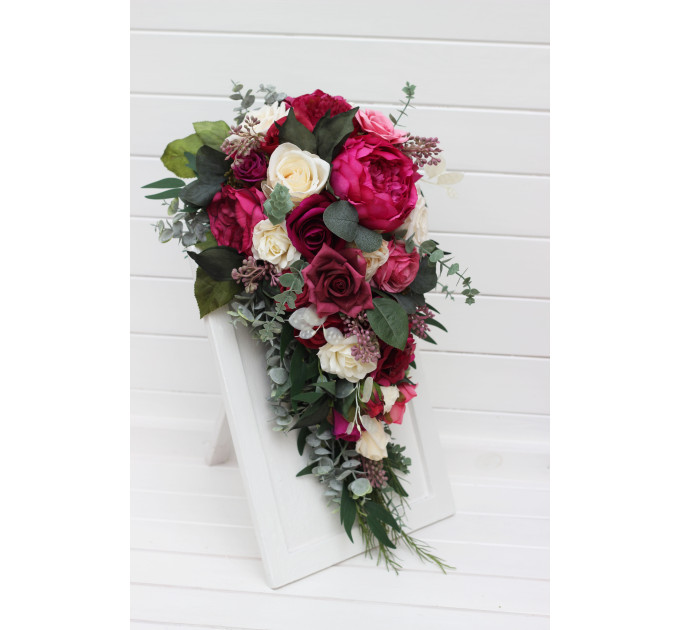 Cascading Bouquet in Berry Tones, Magenta & Ivory – Faux Wedding Flowers for Bride or Bridesmaids