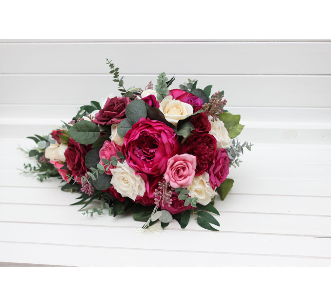 Cascading Bouquet in Berry Tones, Magenta & Ivory – Faux Wedding Flowers for Bride or Bridesmaids