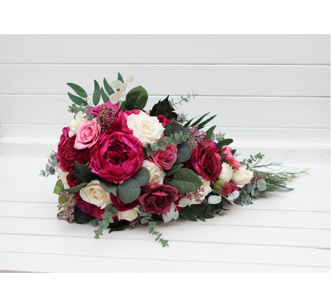 Cascading Bouquet in Berry Tones, Magenta & Ivory – Faux Wedding Flowers for Bride or Bridesmaids