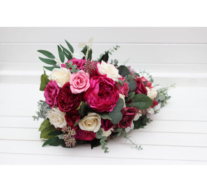 Cascading Bouquet in Berry Tones, Magenta & Ivory – Faux Wedding Flowers for Bride or Bridesmaids