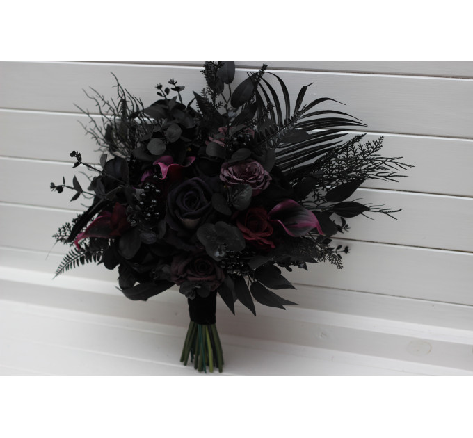 Gothic Wedding Bouquet in Black & Purple – Dark Faux Flowers for Halloween Brides