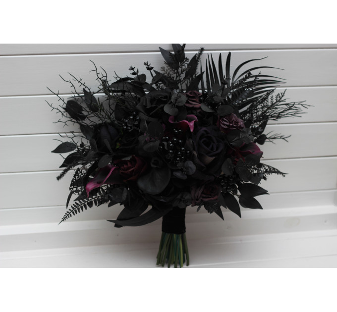 Gothic Wedding Bouquet in Black & Purple – Dark Faux Flowers for Halloween Brides