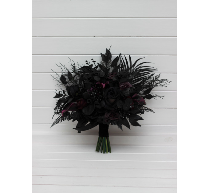 Gothic Wedding Bouquet in Black & Purple – Dark Faux Flowers for Halloween Brides
